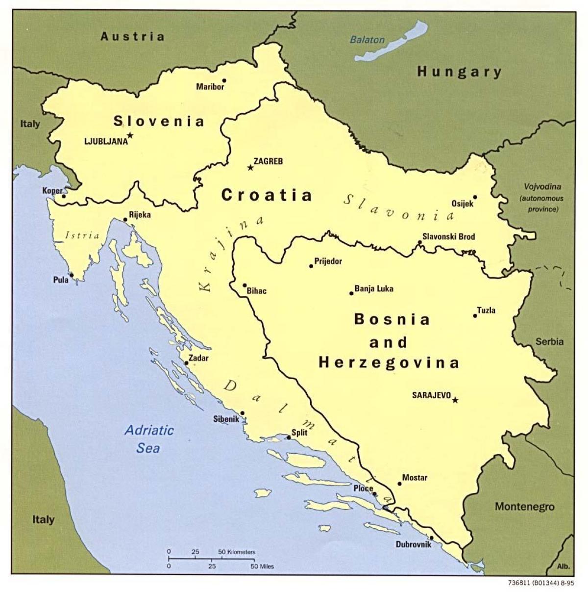 карта на Босна и Херцеговина и околните земји